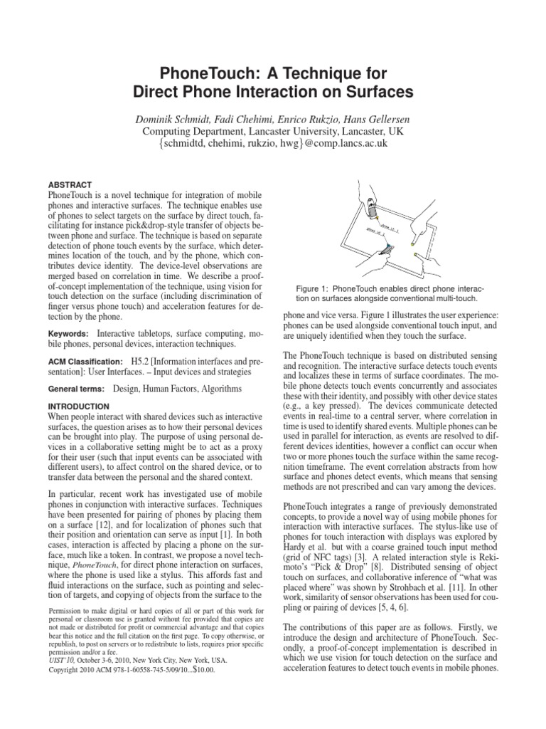 Phonetouch: A Technique For Direct Phone Interaction On Surfaces | PDF ...