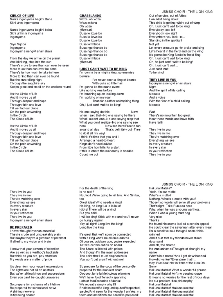 Lion King Lyrics Entertainment (General) Leisure