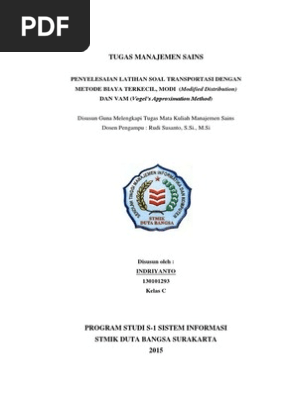 Manajemen Sains Penyelesaian Soal Transportasi Dengan Biaya Terkecil Modi Dan Vam