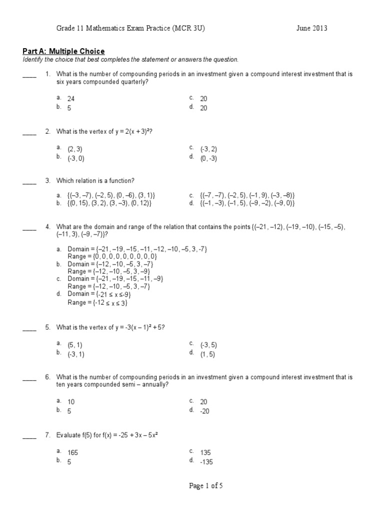 Grade 11 Exam Review PDF Combinatorics Mathematical Objects