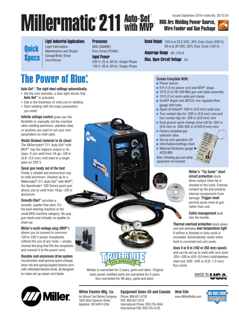Millermatic 211 Spec Sheet Welding Mechanical Engineering