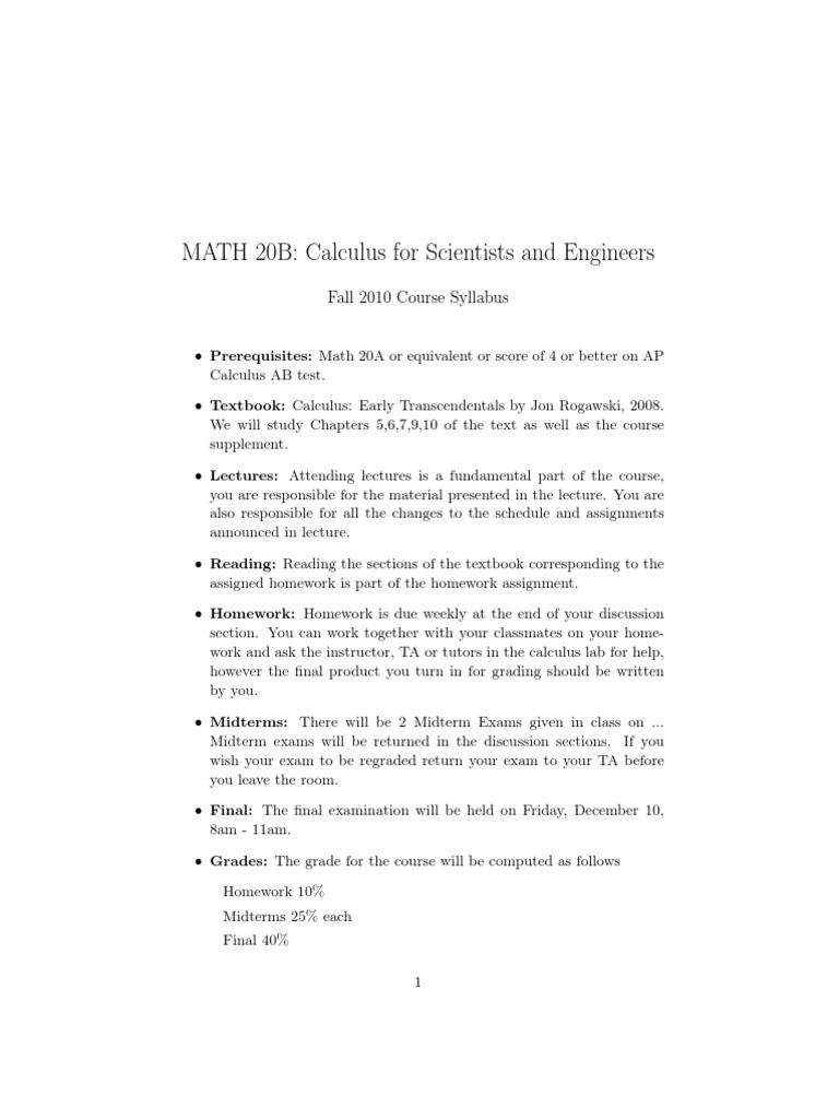 MATH 20B Calculus Syllabus Fall 2010 | PDF