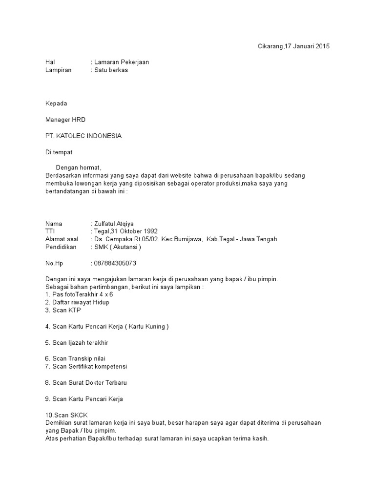 Download 68+ Contoh Surat Surat Lamaran Kerja Operator Produksi Gratis Terbaru