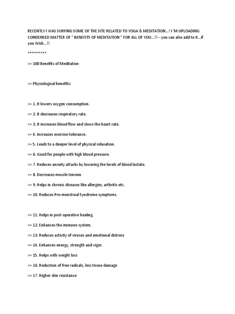 Benefits of Meditation PDF PDF Medical Specialties Psychology