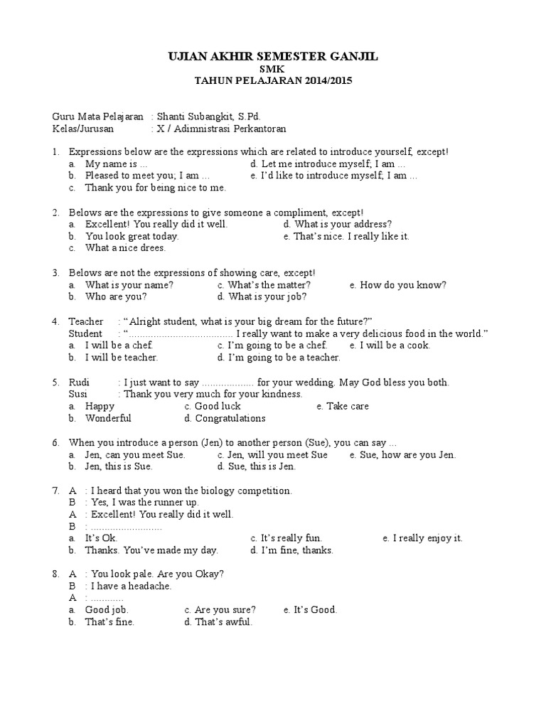 Soal Uas Gasal Bahasa Inggris Kelas X