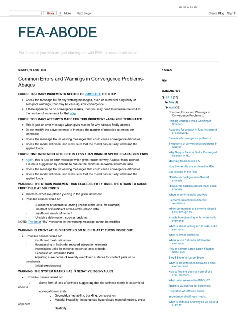 Common Errors and Warnings in Convergence Problems-Abaqus | PDF