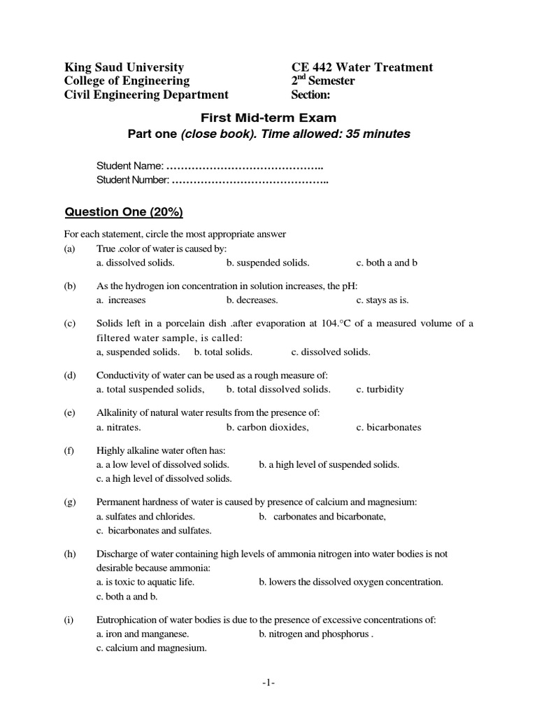 Exam Examples water treatment Sewage Treatment Water Purification