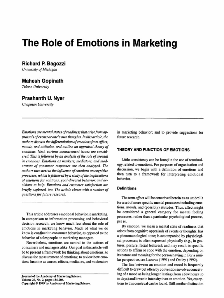 The Role of Emotions in Marketing: Richard P. Bagozzi | PDF | Affect ...