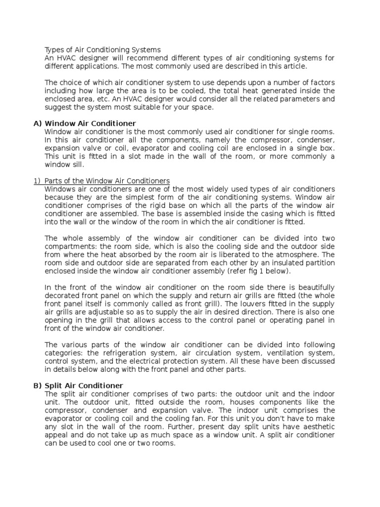 Types of Air Conditioning Systems PDF Air Conditioning Refrigeration