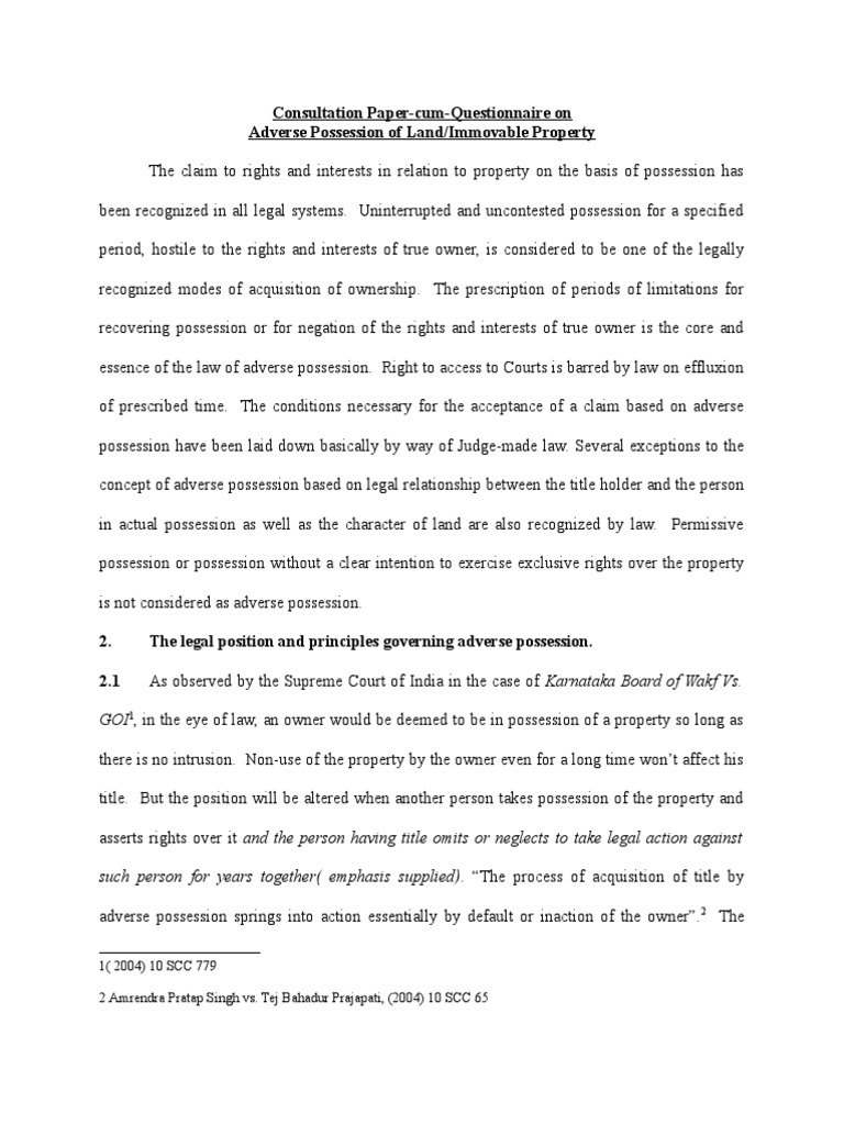 Adverse Possession - Article and Questionnaire by Law Commission | PDF ...