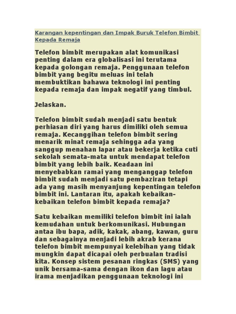 Karangan Kepentingan Dan Impak Buruk Telefon Bimbit Kepada Remaja Pdf
