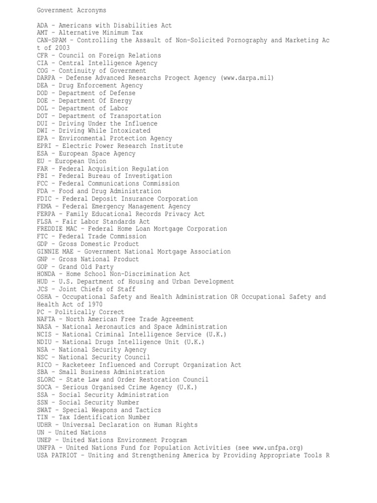 Government Acronyms Federal Bureau Of Investigation United States