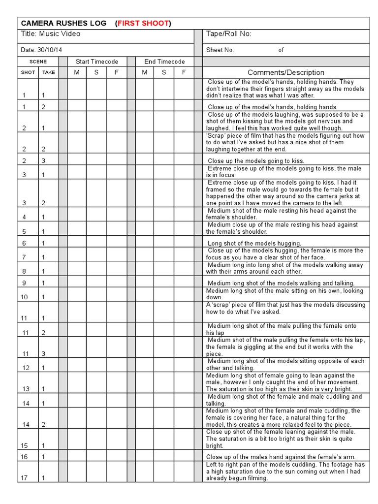 Music Video Shoot Camera Log | PDF | Camera | Leisure