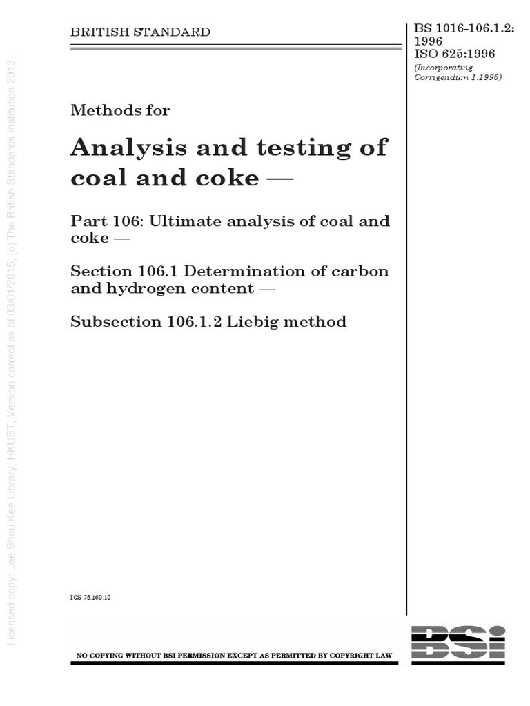 [BS 1016106.1.21996] Methods for analysis and testing of coal and