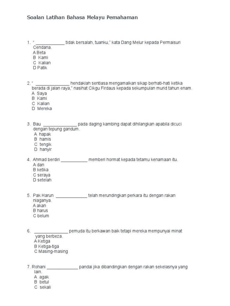 Soalan Latihan Bahasa Melayu Pemahaman