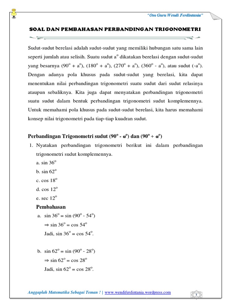 Soal Dan Pembahasan Perbandingan Trigonometri Pdf