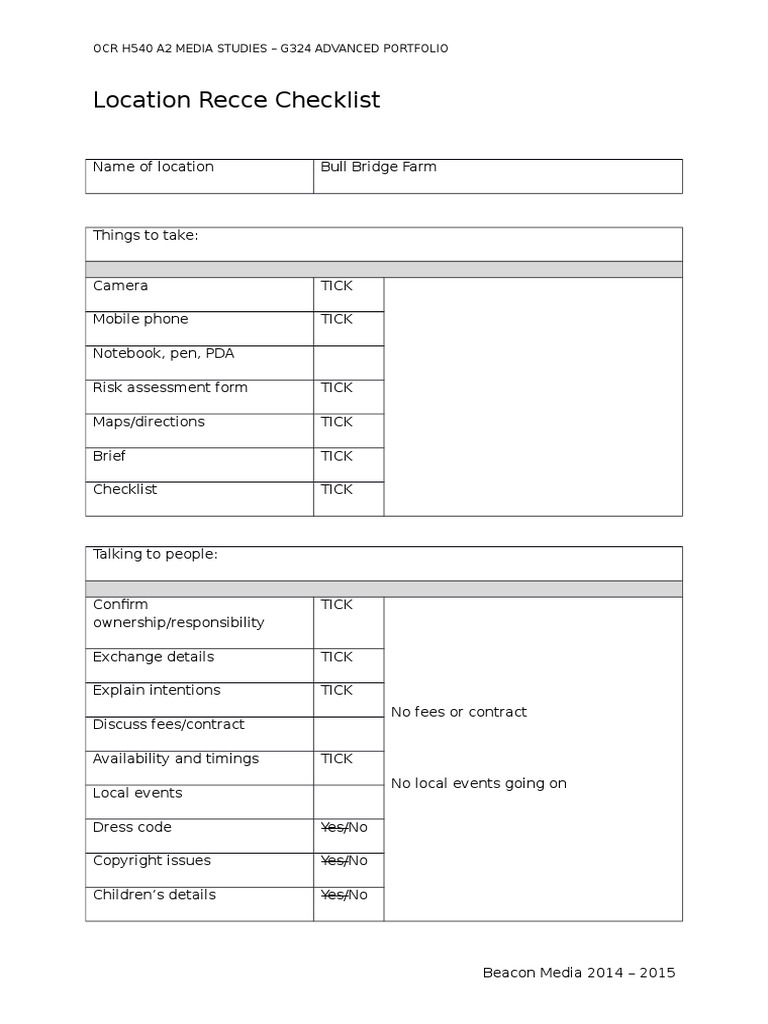 Location Recce Checklist for Media Studies | PDF | Computers