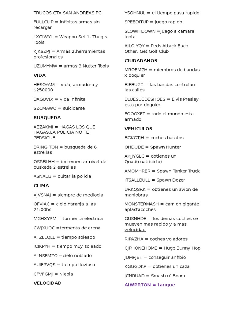 Trucos Gta San Andreas Pc Ocio Deportes Free 30day Trial Scribd