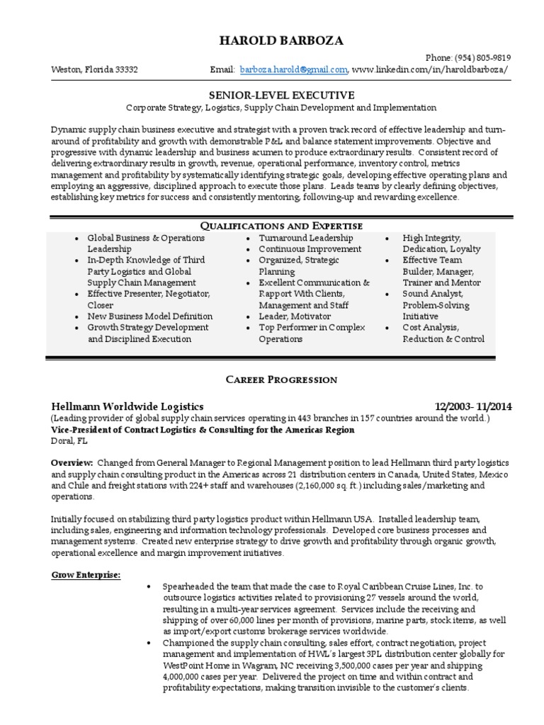 VP Supply Chain Logistics in USA Resume Harold Barboza Logistics Services (Economics)