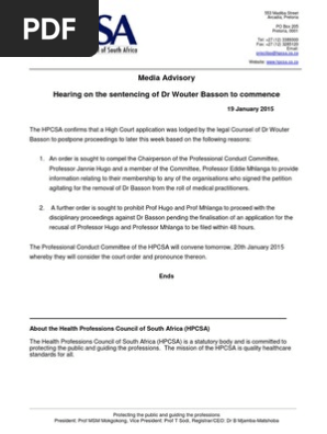 Media Advisory on the Sentencing of Dr Wouter Basson 19 January 2015