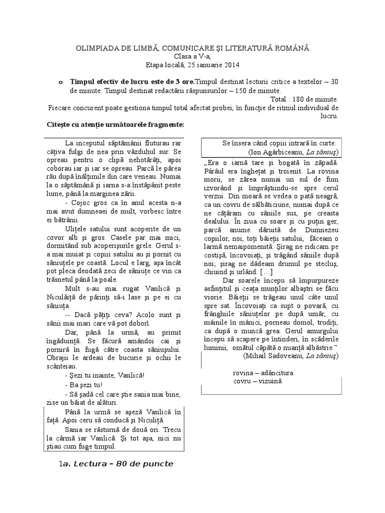Subiect Olimpiada Limba Romana, Faza Locala PDF