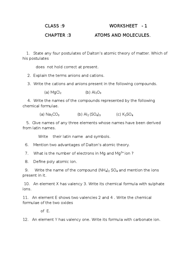 Class 9 Atoms and Molecules Worksheet | PDF