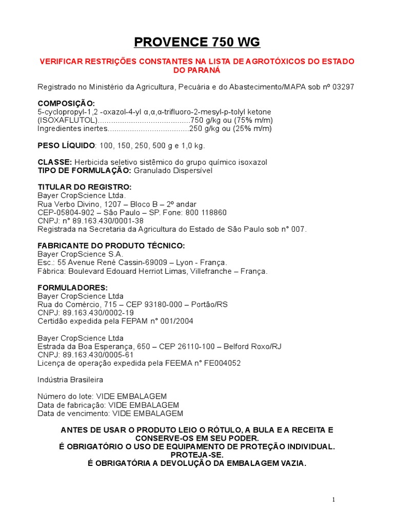 Bula do Herbicida Provence 750 WG | PDF | Embalagem e rotulagem ...