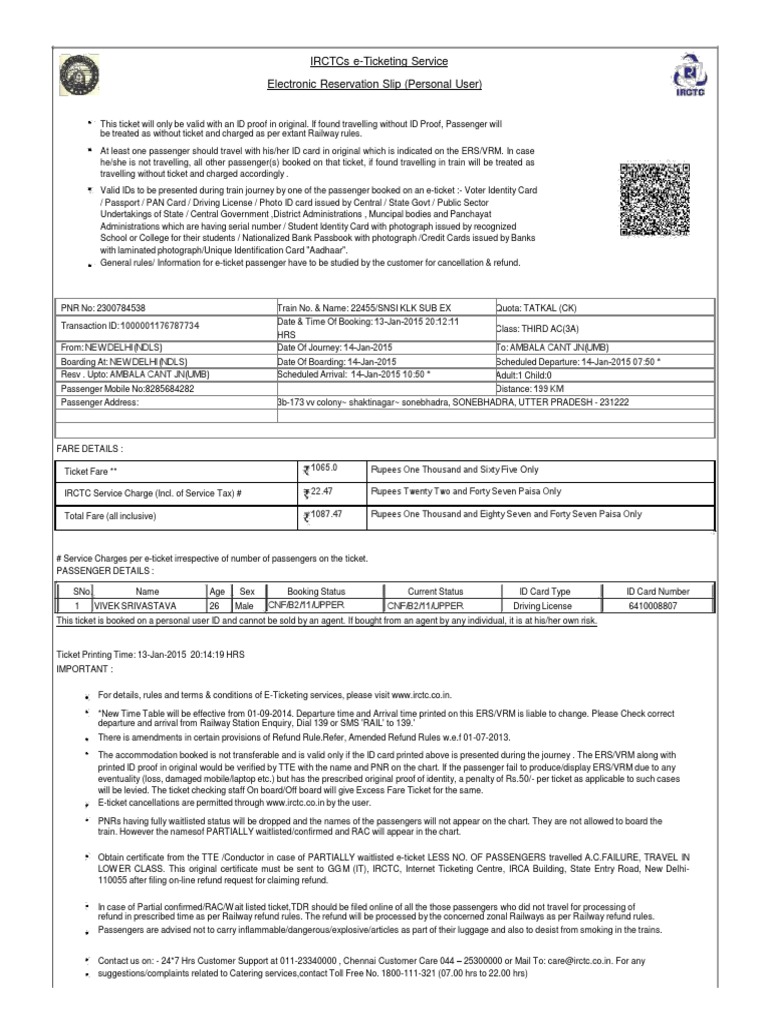 Ndls To Ambala Ticket Identity Document Ticket Admission