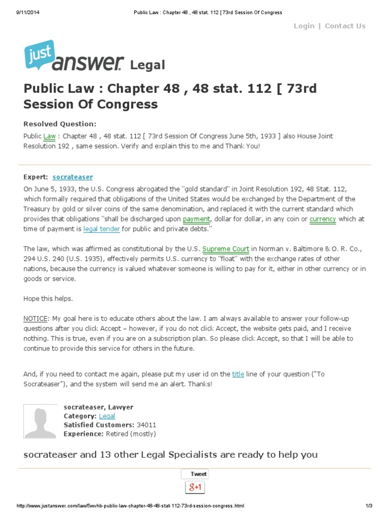 Public Law _ Chapter 48 , 48 Stat United States Dollar Lawyer