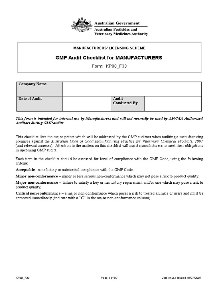 GMP Checklist for Veterinary Calibration Quality Assurance