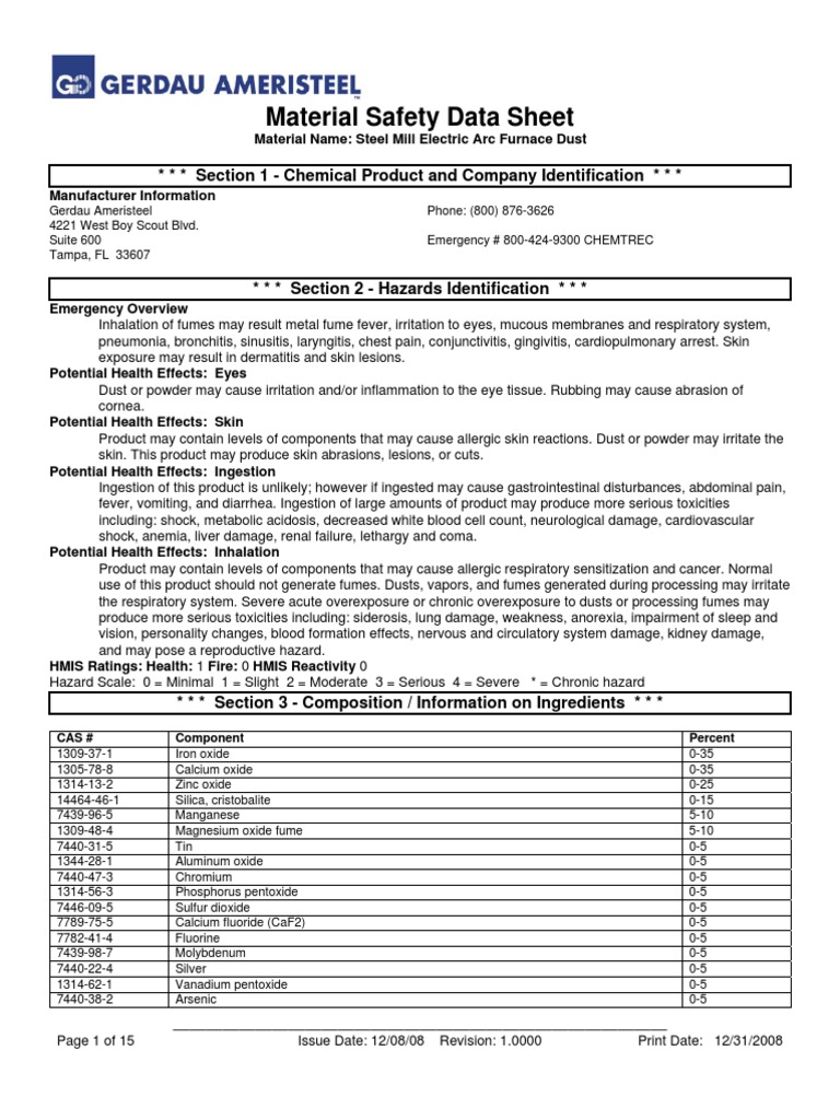 Steel Mill Electric Arc Furnace Dust MSDS (NA) 12808 Download Free