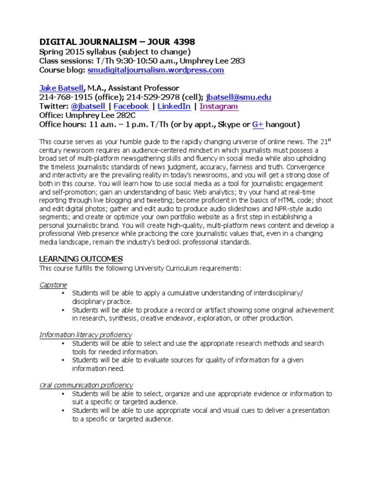 Digital Journalism Course Syllabus | PDF | Journalism | Social Media