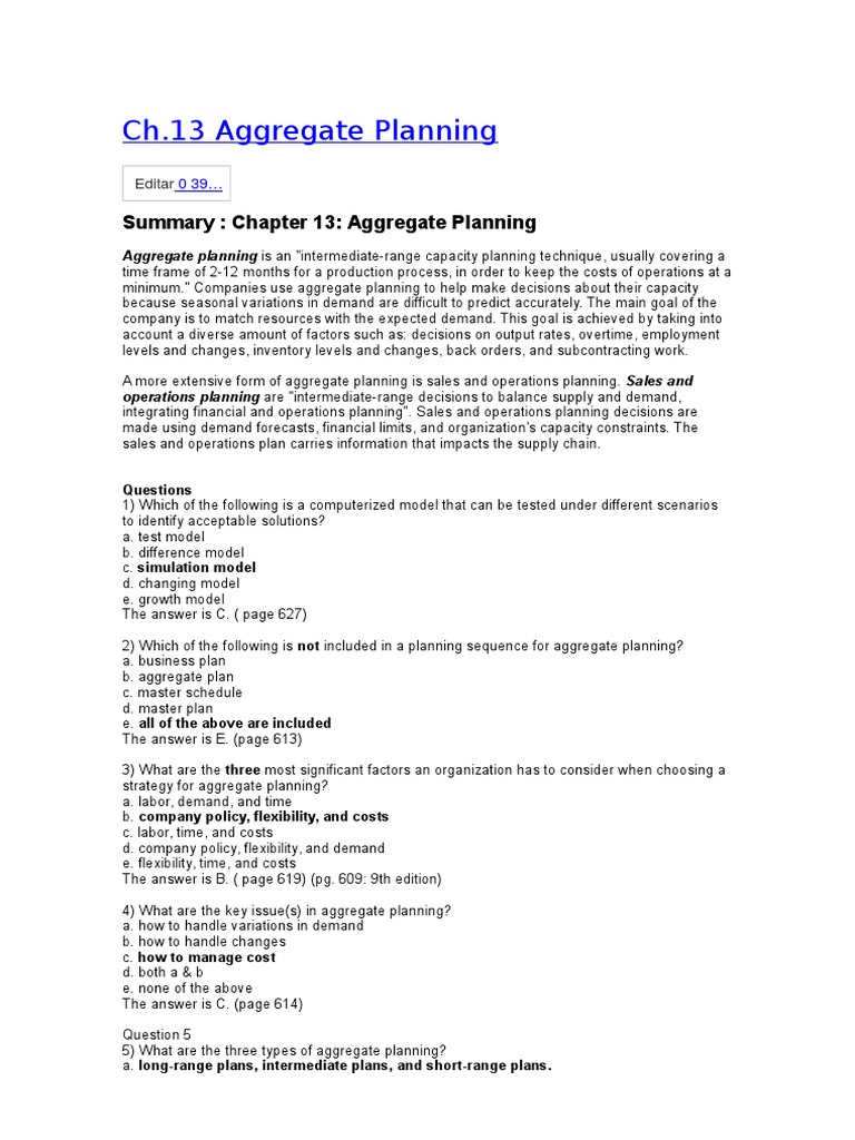 Aggregate Planning Resumen Operation Management | PDF
