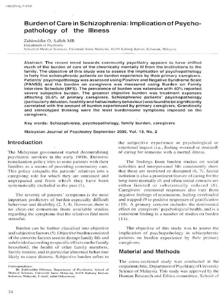 Caregiver Burden in Schizophrenia Study | PDF | Psychiatry | Schizophrenia