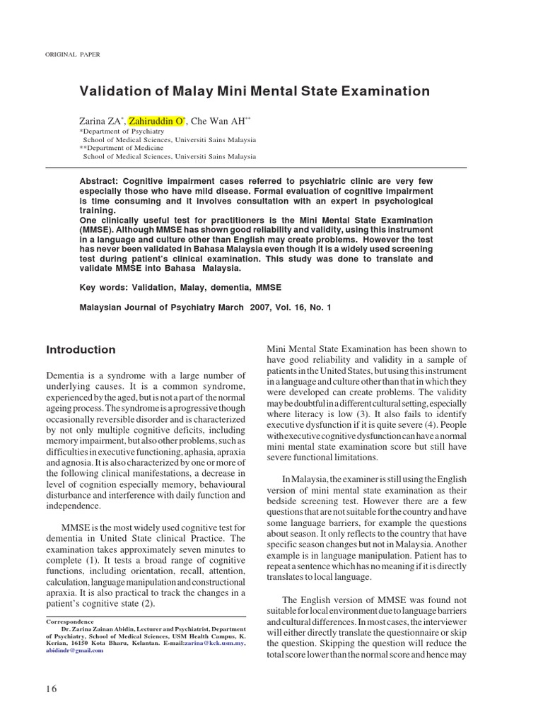 Validation Of Malay Mini Mental State Examination Psychiatry Clinical Medicine