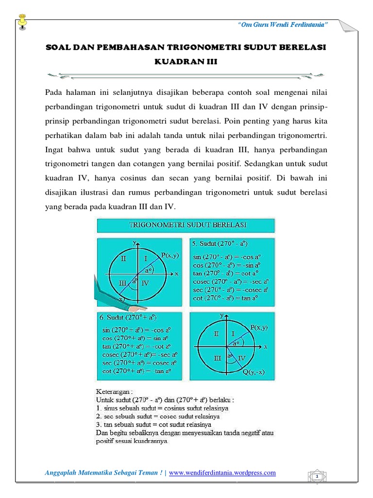 Soal Dan Pembahasan Trigonometri Sudut Berelasi Kuadran Iii