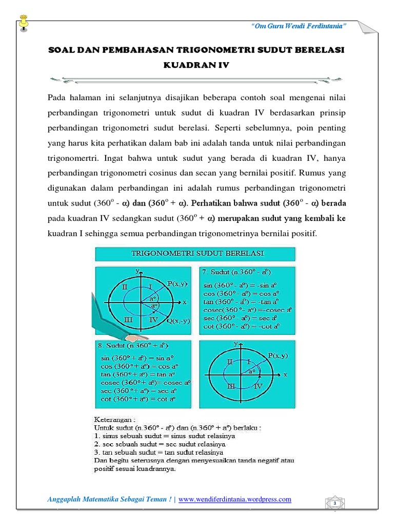 Soal Dan Pembahasan Trigonometri Sudut Berelasi Kuadran Iv