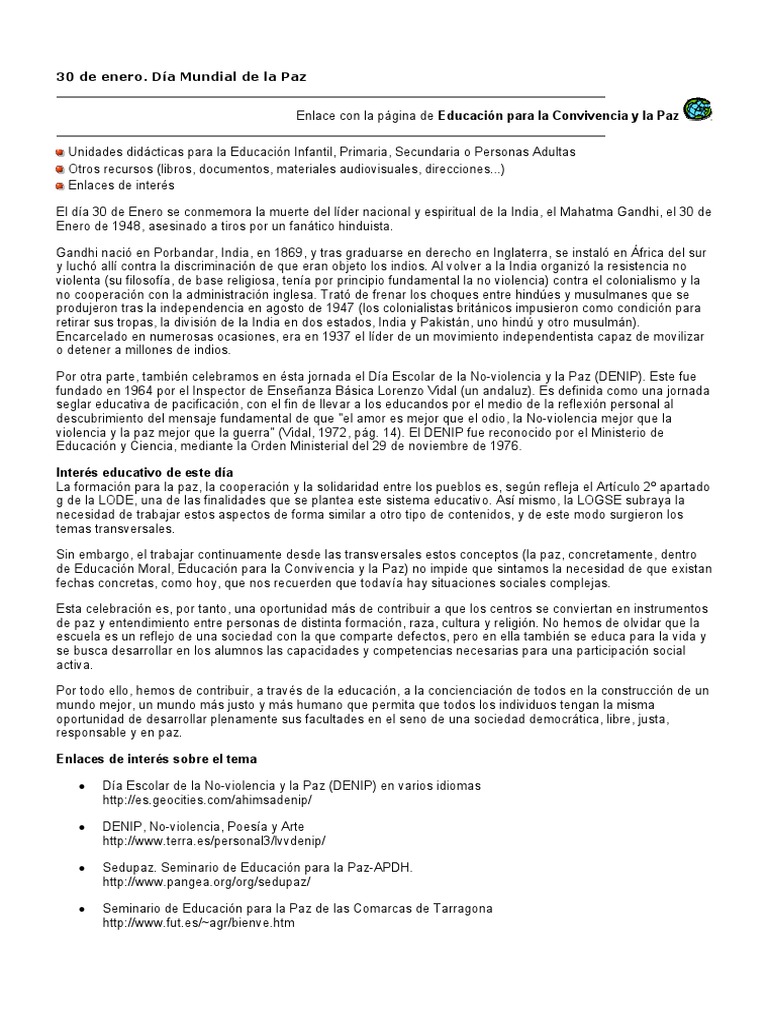 Día Mundial de la Paz: Educación y Actividades | PDF | Mahatma Gandhi | Paz