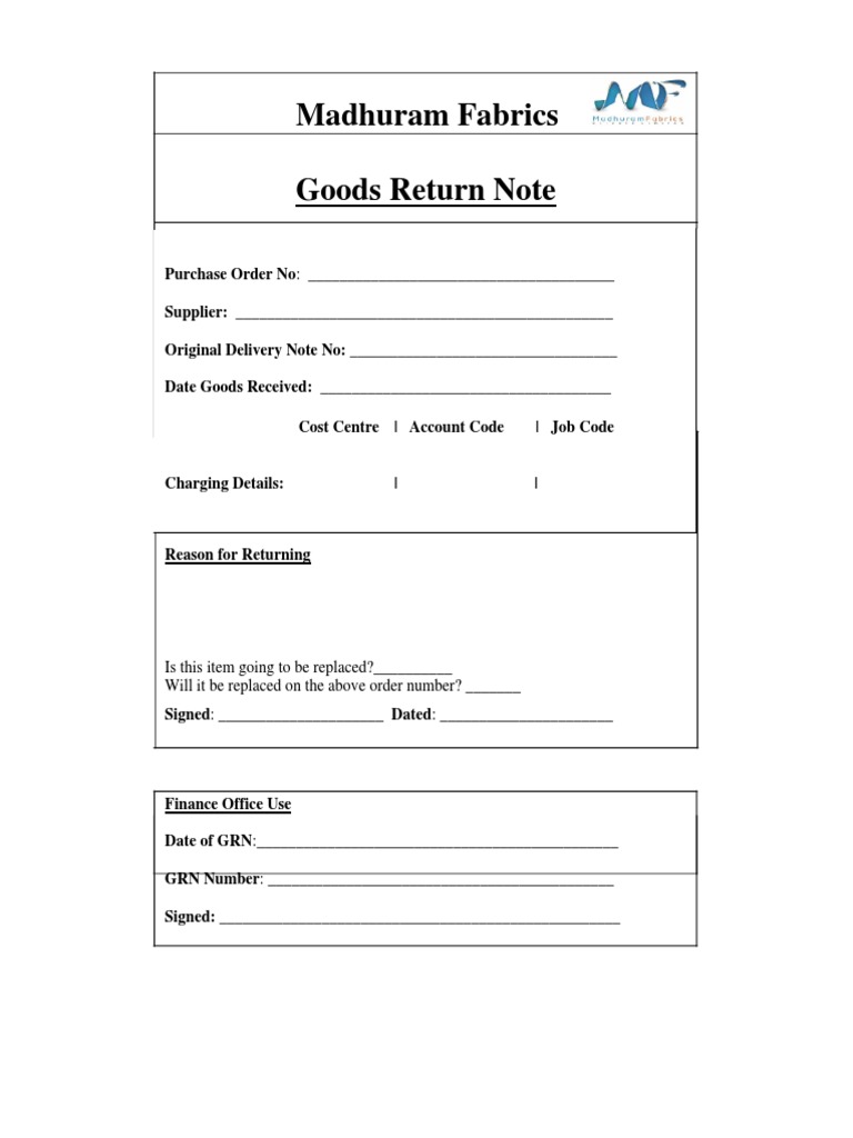 Goods Return Template (1) Business Service Industries