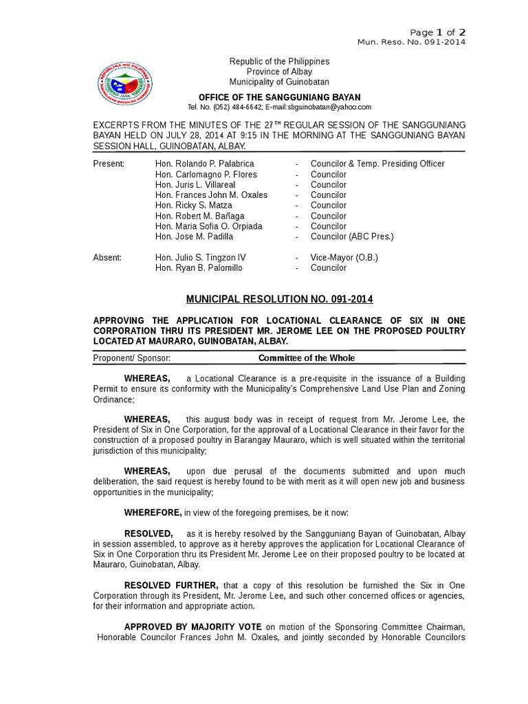 0912014 Locational Clearance Six in One Social Institutions Society