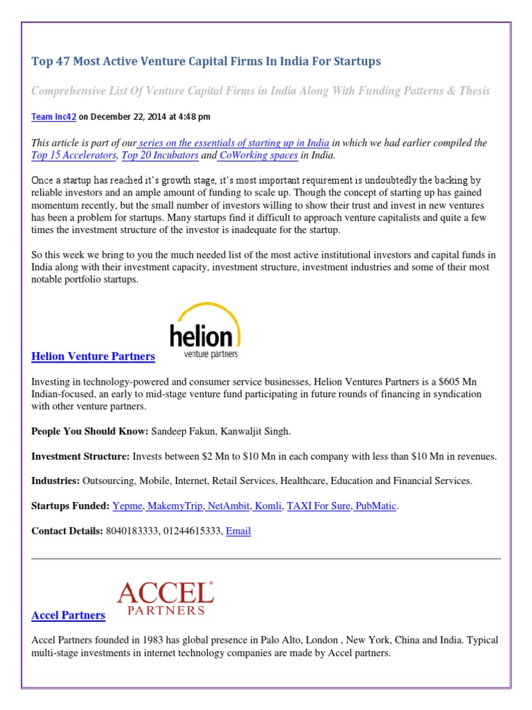 Top 47 VC Firms for Indian Startups | PDF | Venture Capital | Corporate ...