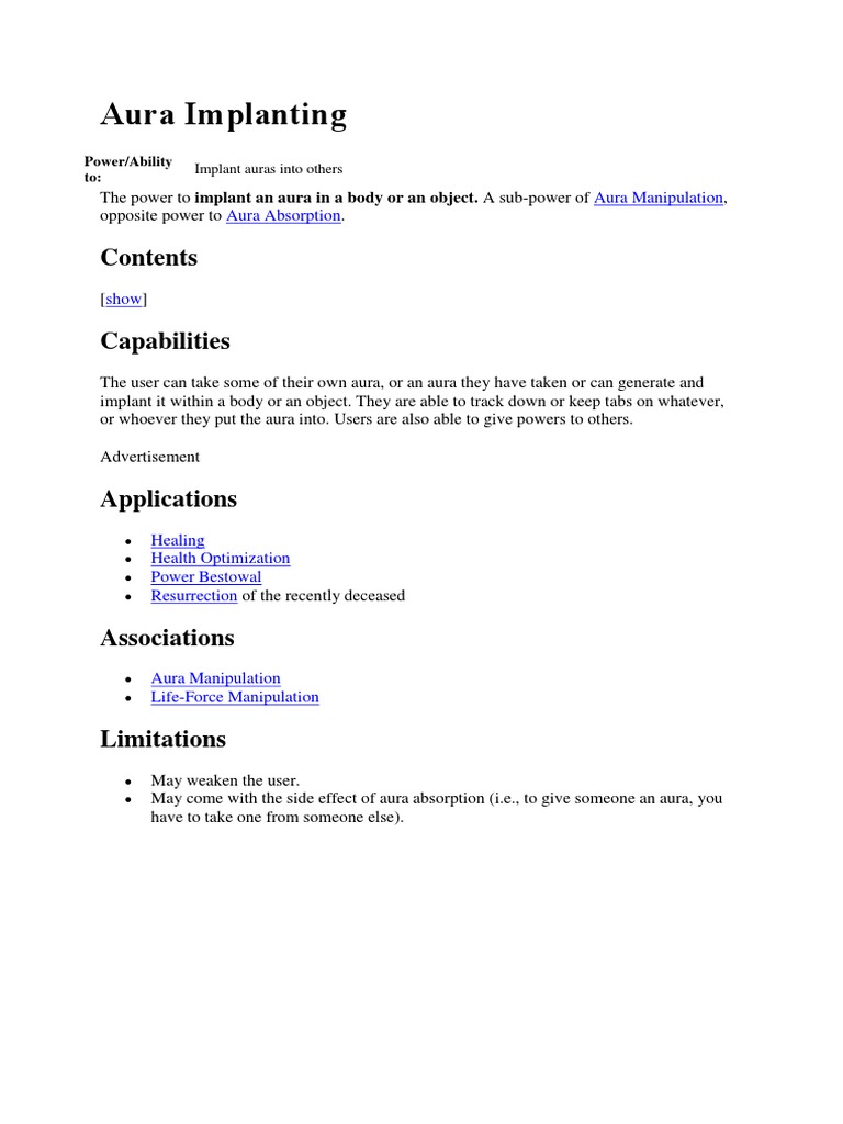 Aura Implanting: Aura Manipulation Aura Absorption | PDF