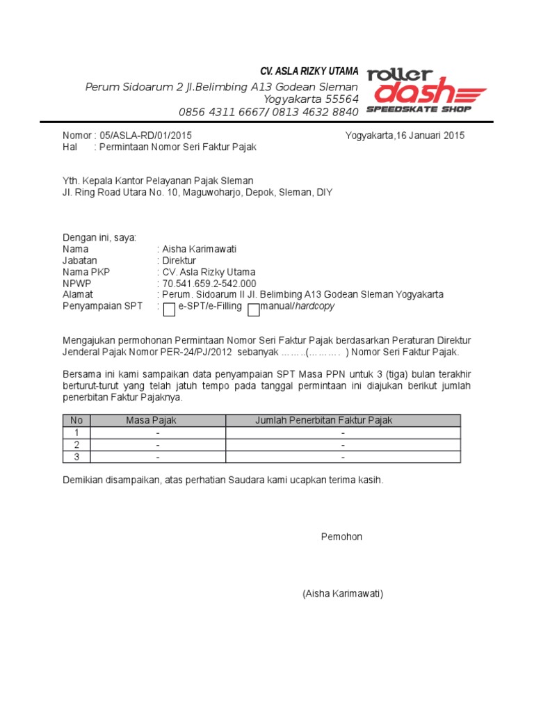 Surat Permohonan Nomor Seri Faktur Pajak Seputar Nomor