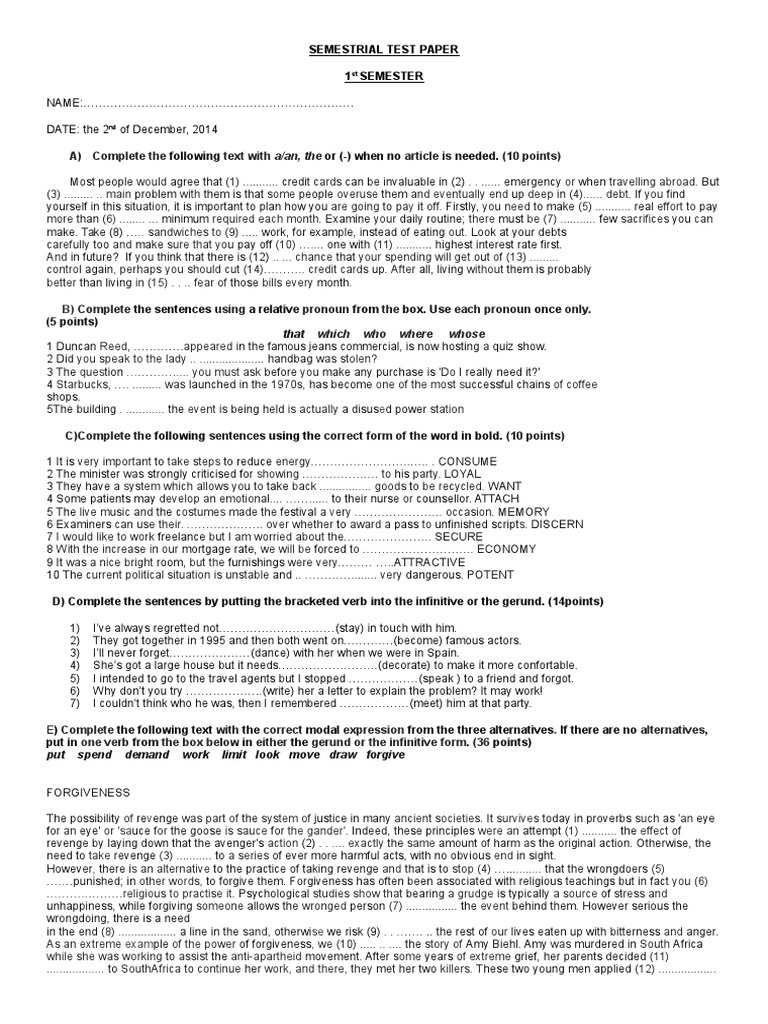 English Grammar and Vocabulary Test | PDF | Forgiveness