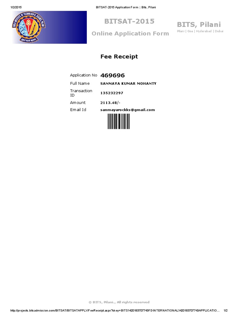 BITSAT 2015 BITS, Pilani: Online Application Form | PDF