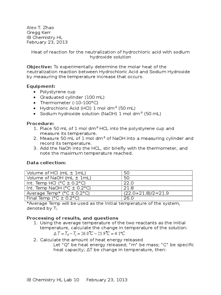 Lab 10_Heat of Reaction for the Neutralization of Hydrochloric Acid