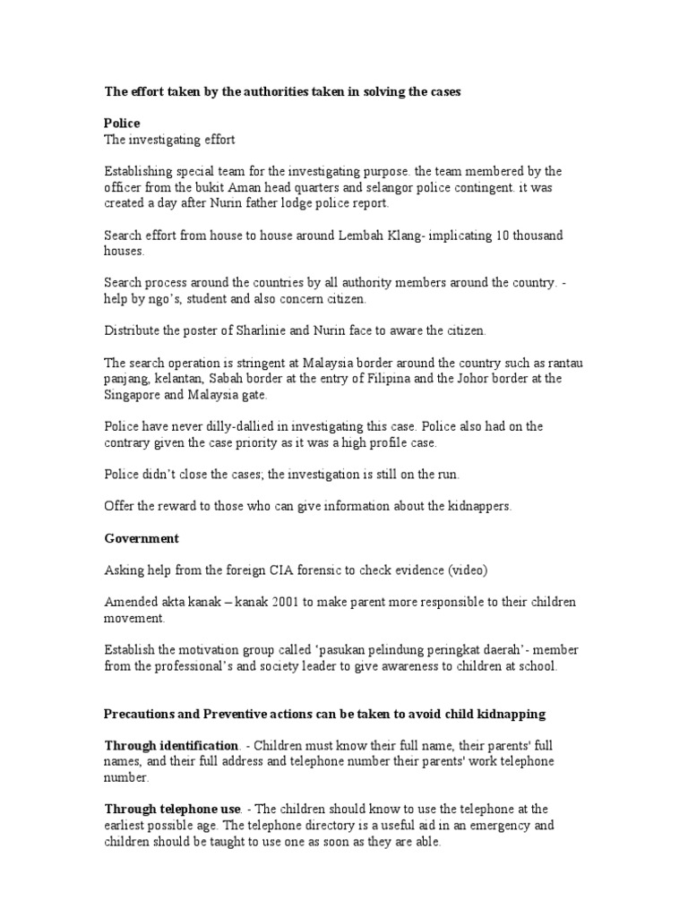 Precaution and Prevention Child Kidnapping  Social 