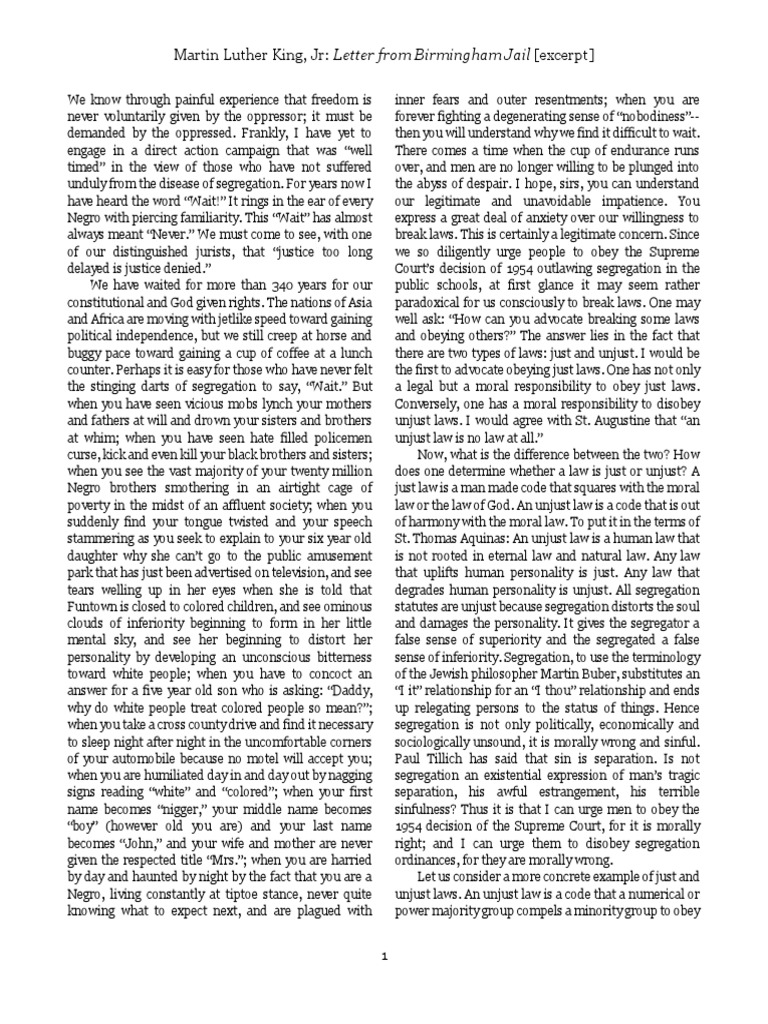 Martin Luther King JR - Letter From Birmingham Jail Excerpt | PDF ...