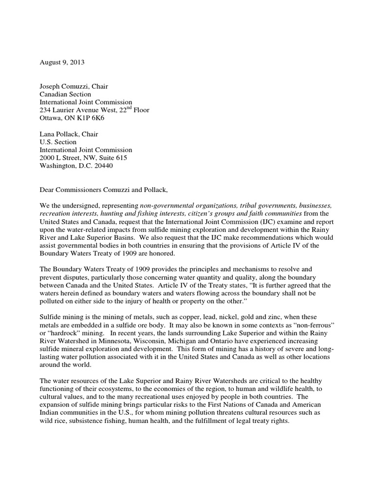 Letter From Groups To IJC Requesting Mining Pollution Study | PDF ...