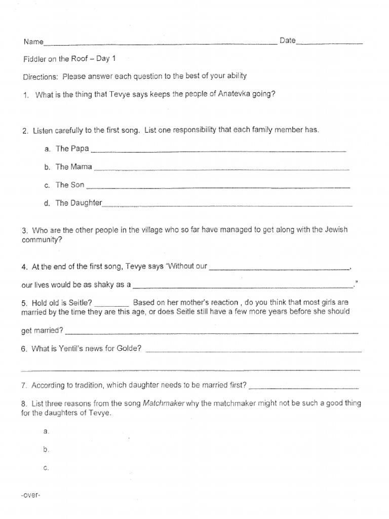 Listening Guide Worksheet Fiddler on the Roof